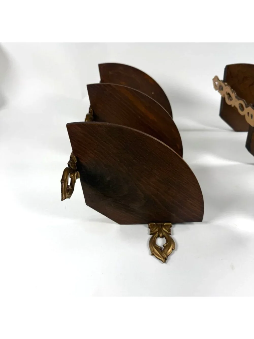 2 Vintage Sexton 3 Tier Corner Hanging Shelves Ornate Metal Wood Wall Display